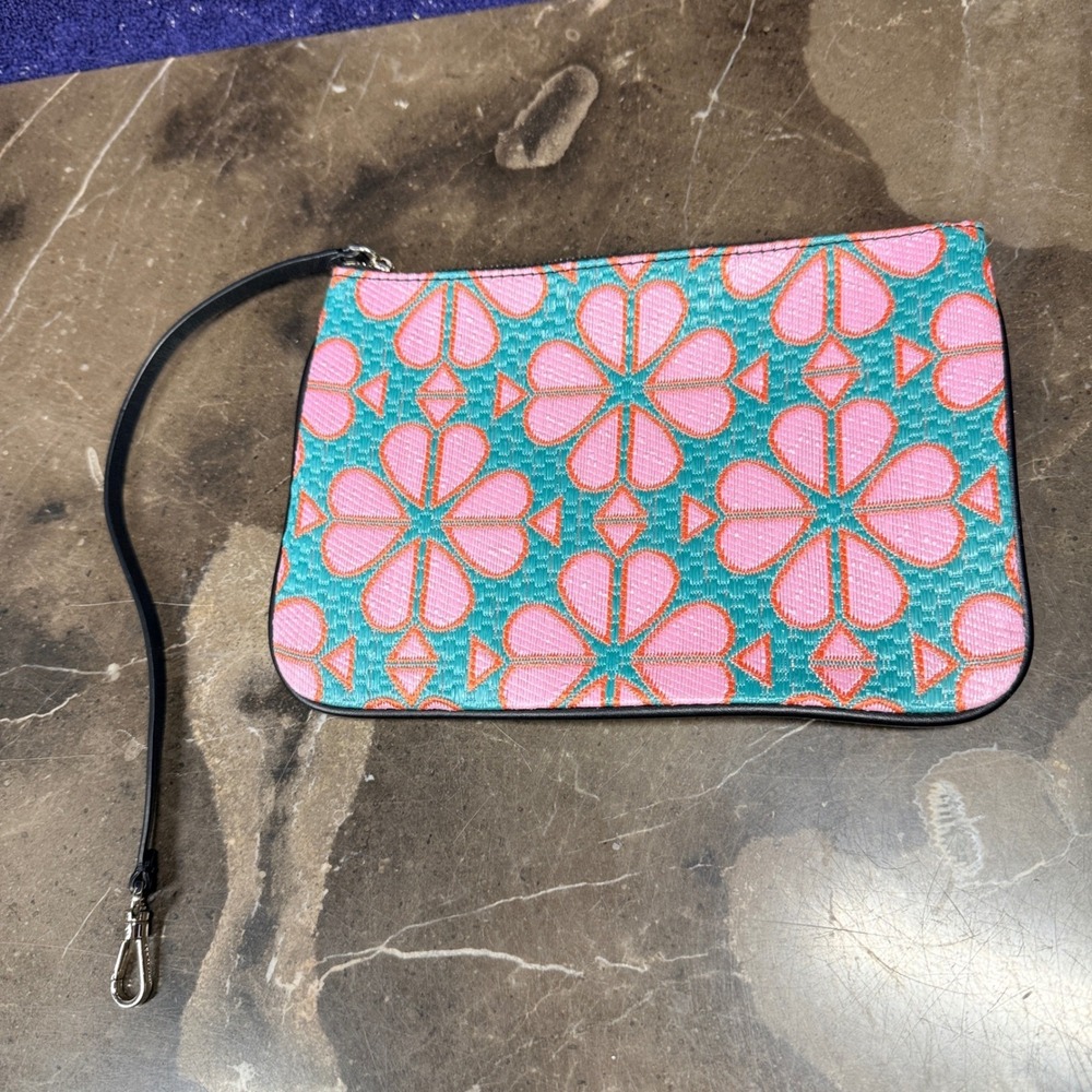 Kate Spade Pouch Wristlet Womens Teal Pink Blue Spade Flower Jacquard Zip